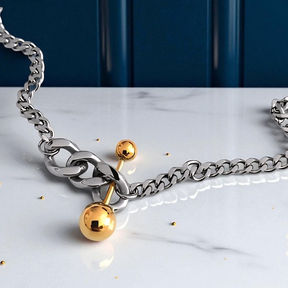 🆕️Two Tone 18K Gold Plated Stainless Steel Chain Necklace with Gold Ball Bar ✨ - Picture 1 of 14